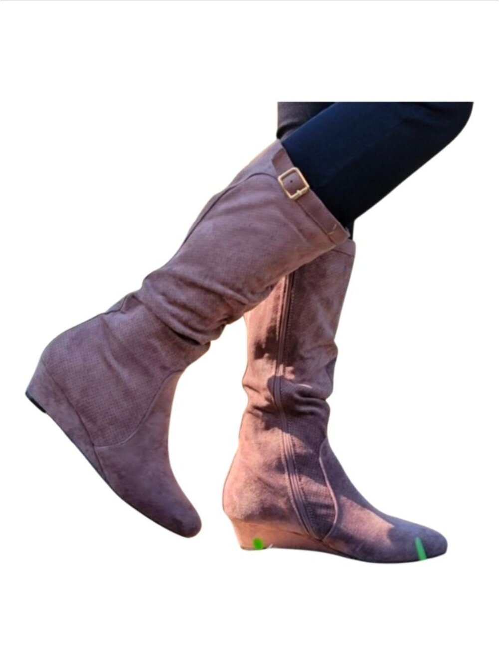 Taupe Knee-High Wedge Suede Boots With Buckle Detail Side Zipper And Textured Fi - Picture 7 of 9